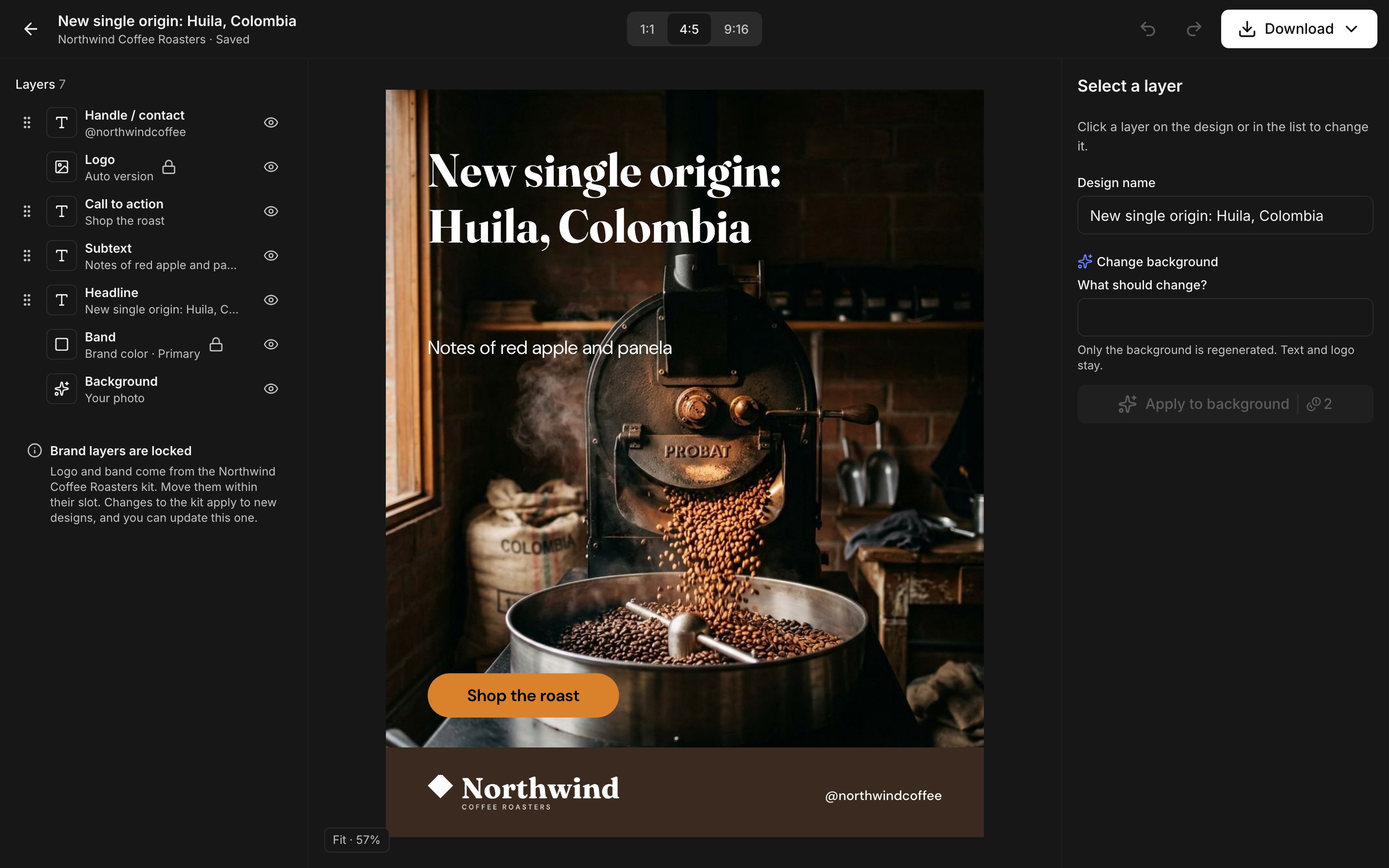The editor with a Northwind Coffee Roasters post and its layers